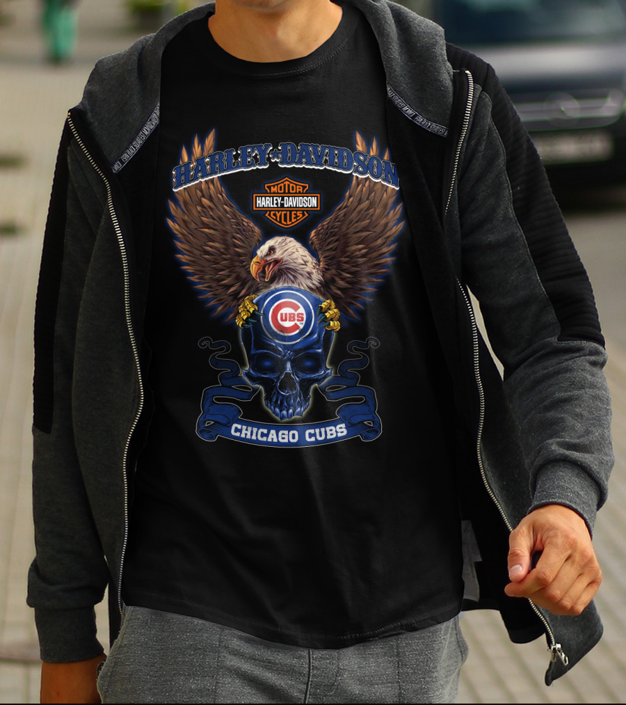 Harley Davidson Motor Cycles Chicago Cubs Eagle Skull T-Shirt