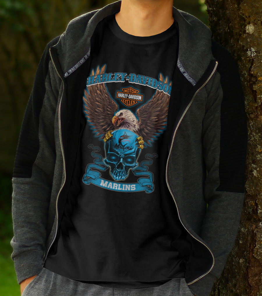 Harley Davidson Miami Marlins Eagle Skull T-Shirt