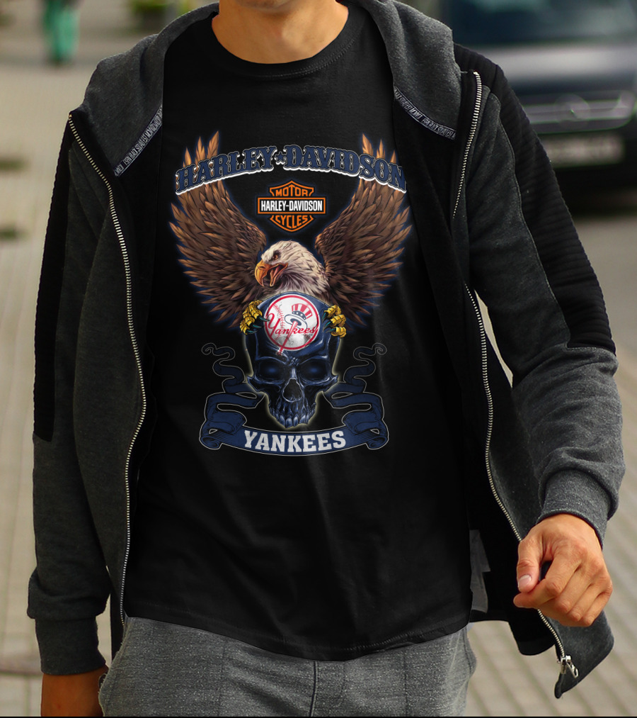Harley Davidson Motor Cycles Eagle New York Yankees Skull T-Shirt