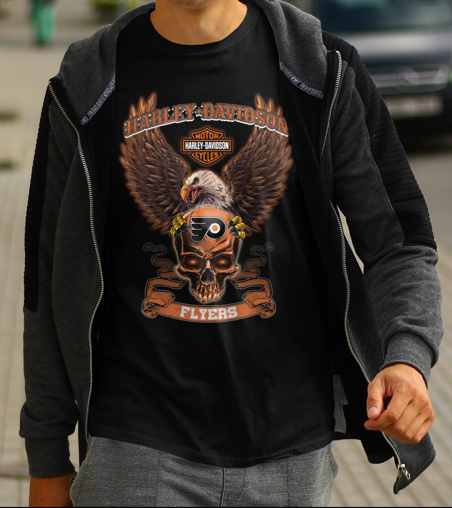 Harley Davidson Motor Cycles Flyers Philadelphia Eagles Skull T-Shirt