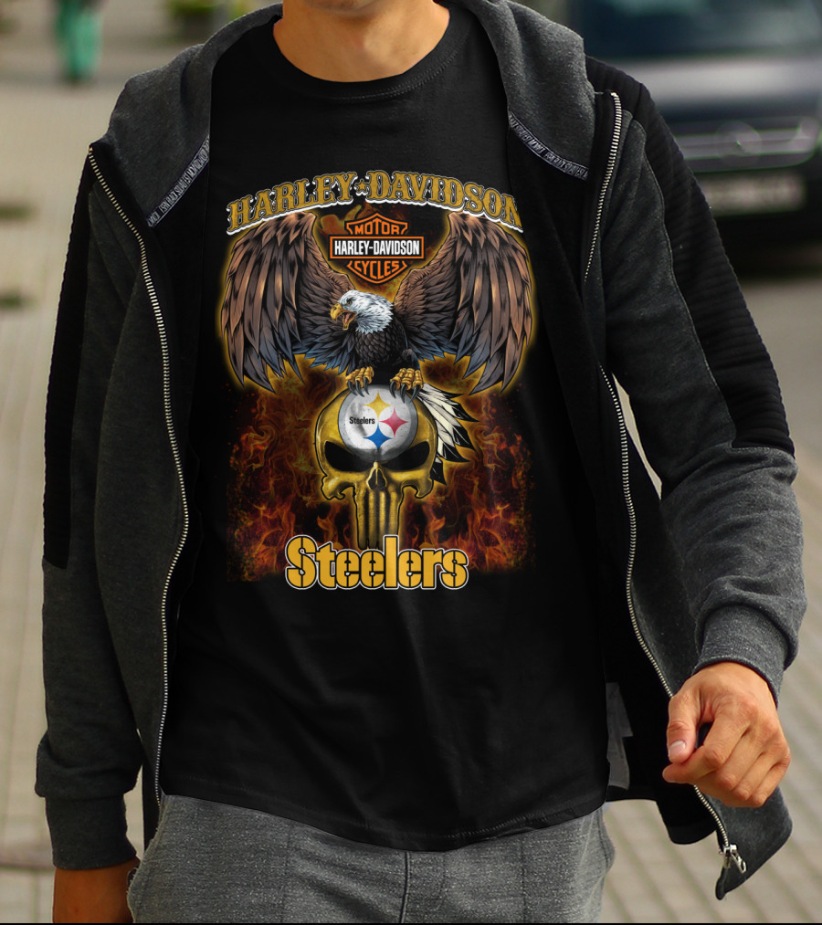 Harley Davidson Motor Cycles Steelers Eagle Skull Flames T-Shirt