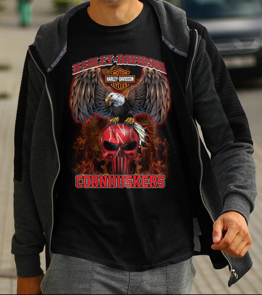 Harley Davidson Eagle Nebraska Cornhuskers Skull Flame T-Shirt