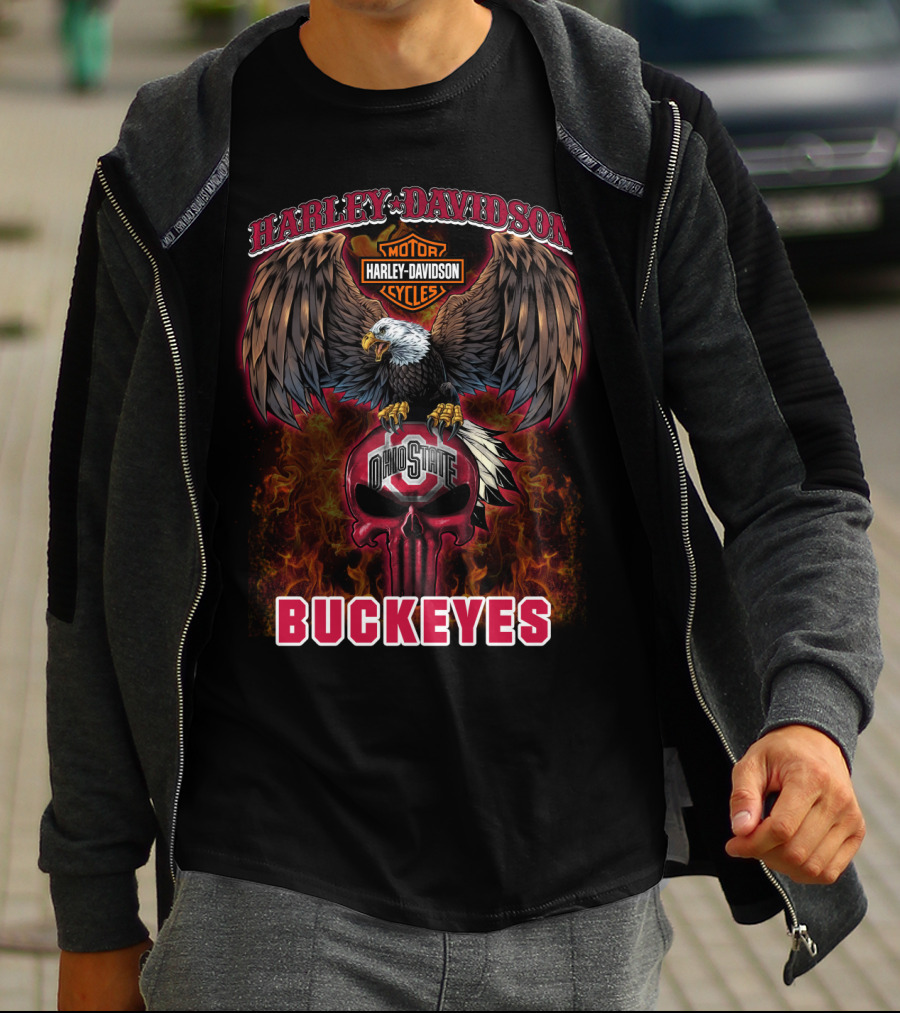 Harley Davidson Ohio State Buckeyes Skull Eagle Flames T-Shirt