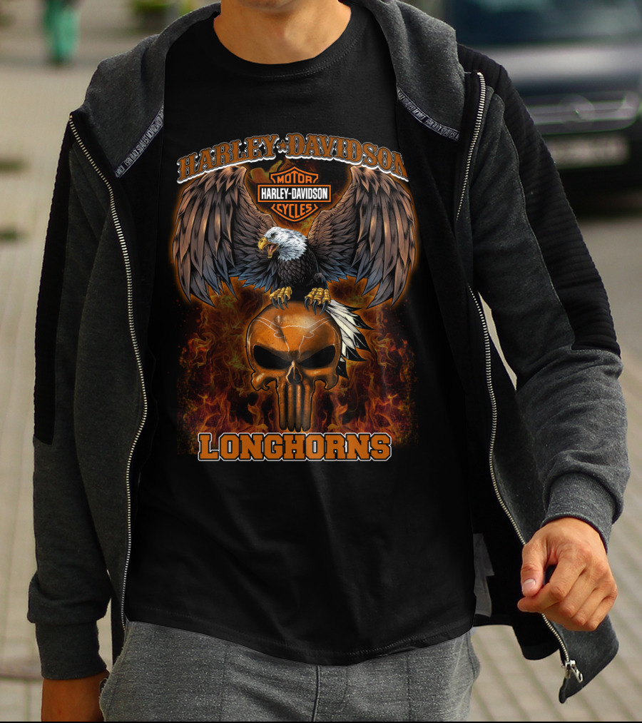 Harley Davidson Motor Cycles Longhorns Eagle Skull T-Shirt