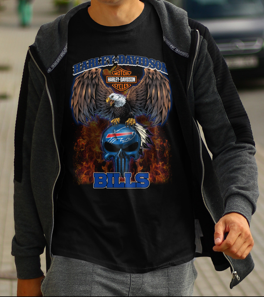 Harley Davidson Motor Cycles Buffalo Bills Eagle Skull Flames T-Shirt