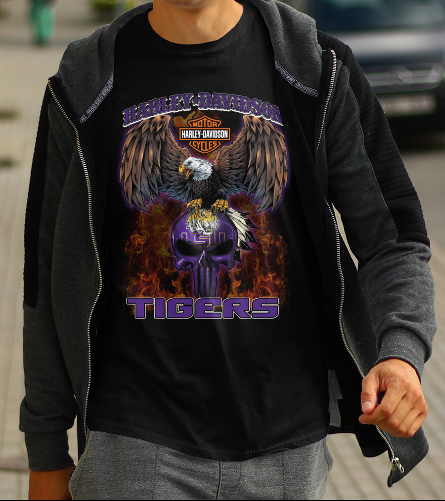 Harley Davidson Lsu Tigers Eagle And Skull T-Shirt