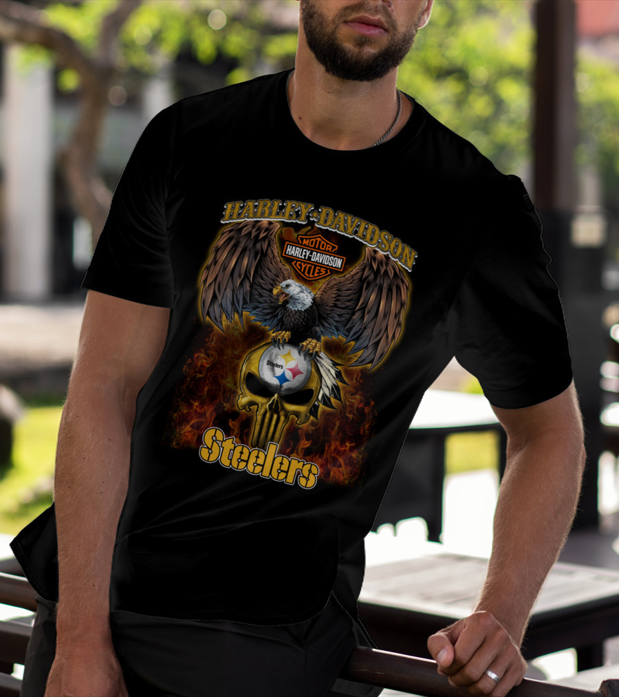 Harley Davidson Eagles Steelers Skull Fire T-Shirt
