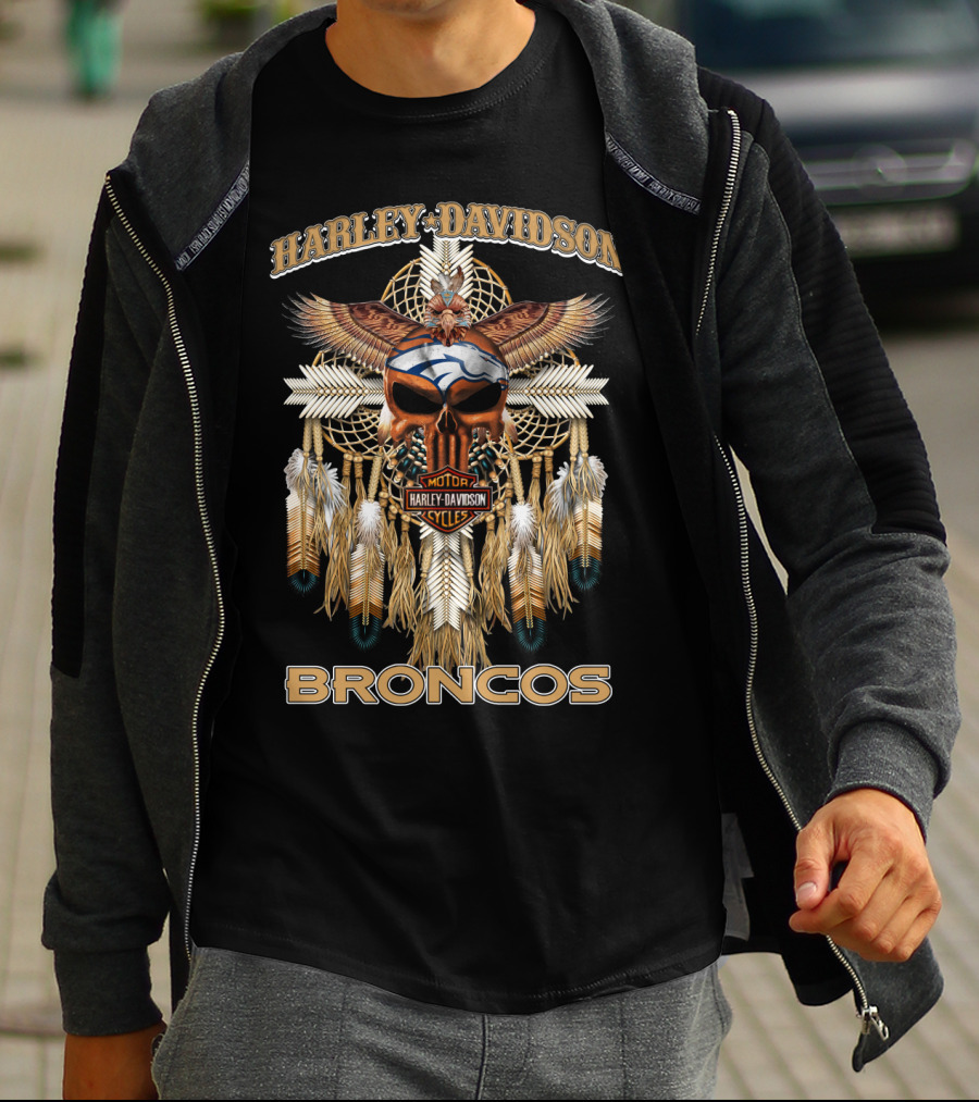 Harley Davidson Denver Broncos Feather And Skull T-Shirt