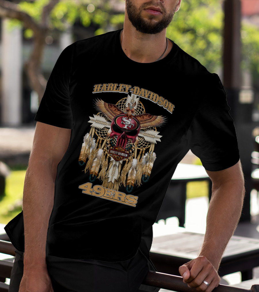 Harley Davidson San Francisco 49ers Dreamcatcher Skull Feather Art T-Shirt
