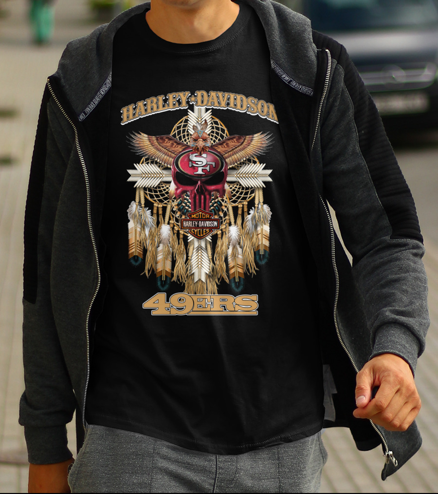 Harley Davidson San Francisco 49ers Dreamcatcher Skull Feather Art T-Shirt