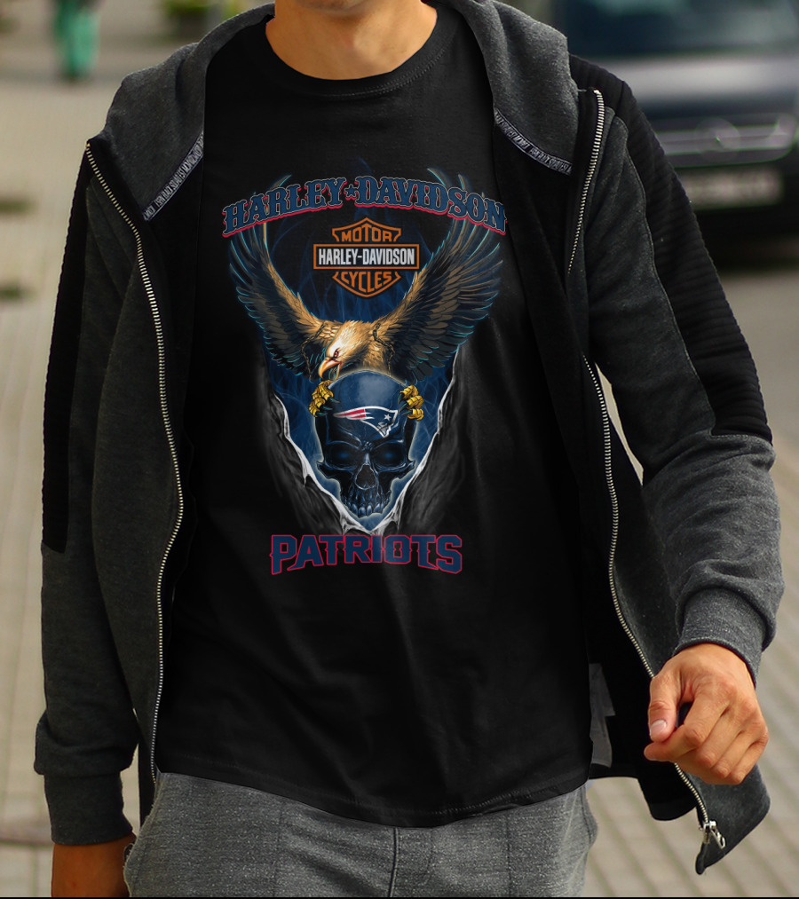 Harley Davidson Motorcycles New England Patriots Skull Eagle T-Shirt