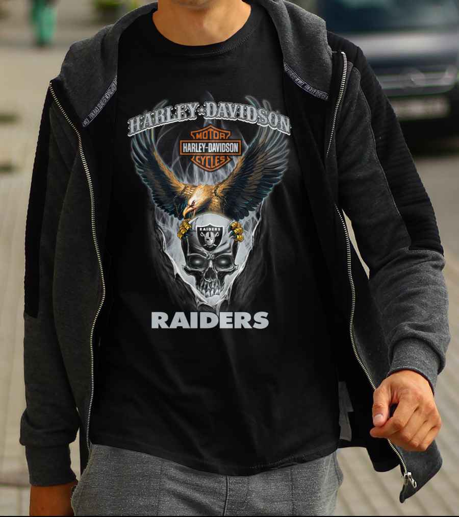 Harley Davidson Motor Cycles Raiders Skull Eagle T-Shirt