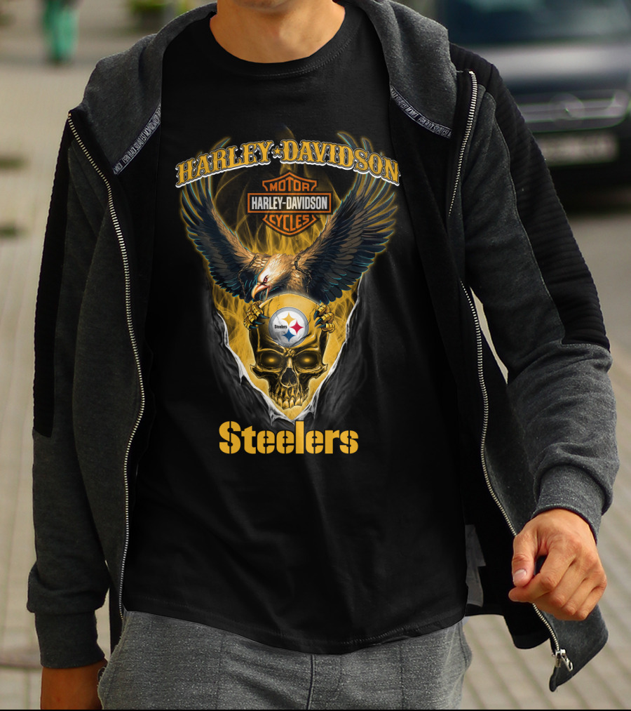 Harley Davidson Motor Cycles Steelers Skull Eagle Patch T-Shirt
