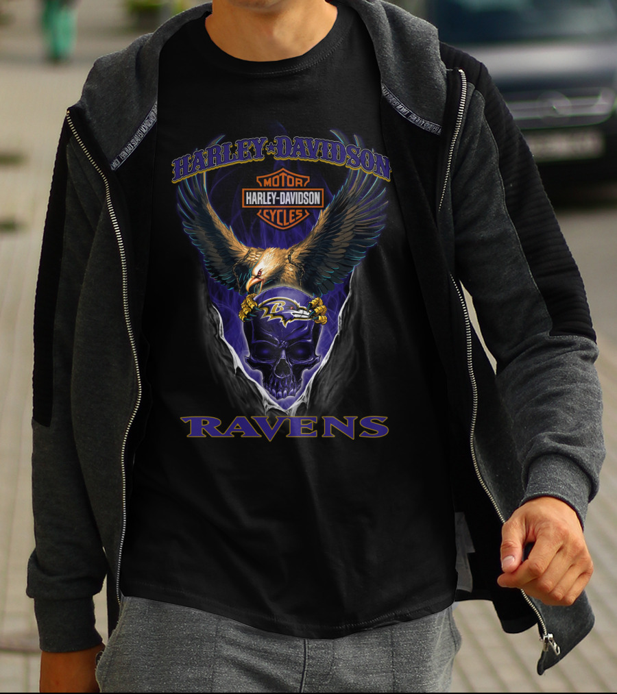 Harley Davidson Ravens Eagle Skull Baltimore Ravens T-Shirt