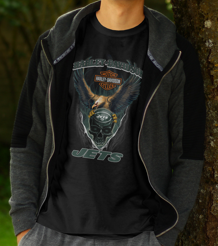 Harley Davidson Motor Cycles New York Jets Eagle Skull T-Shirt