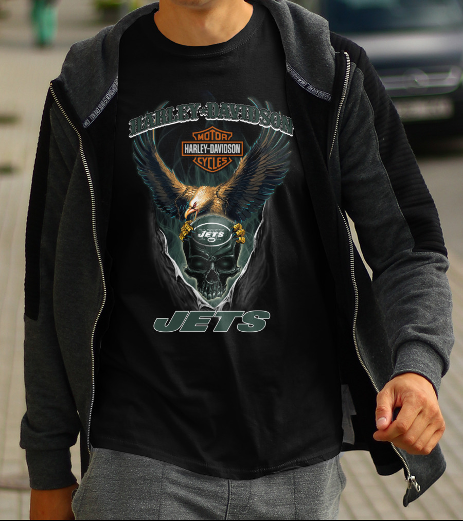 Harley Davidson Motor Cycles New York Jets Eagle Skull T-Shirt