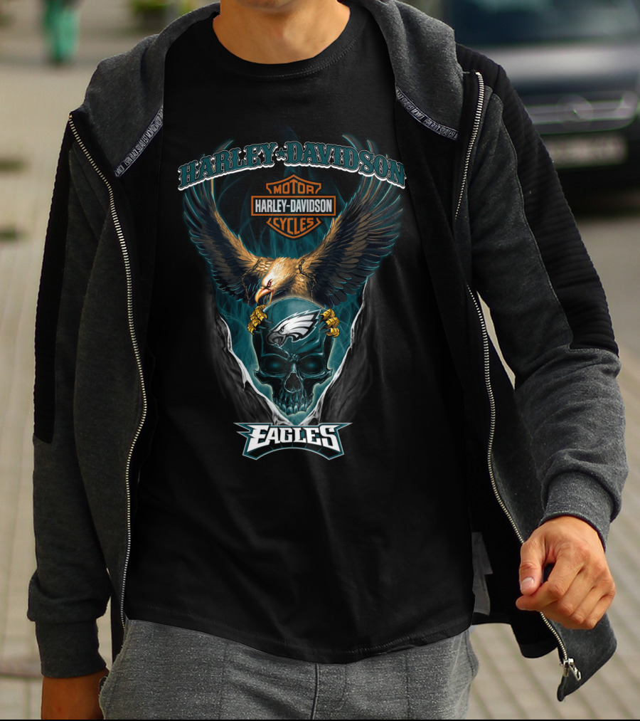 Harley Davidson Motor Cycles Philadelphia Eagles Eagle Skull T-Shirt