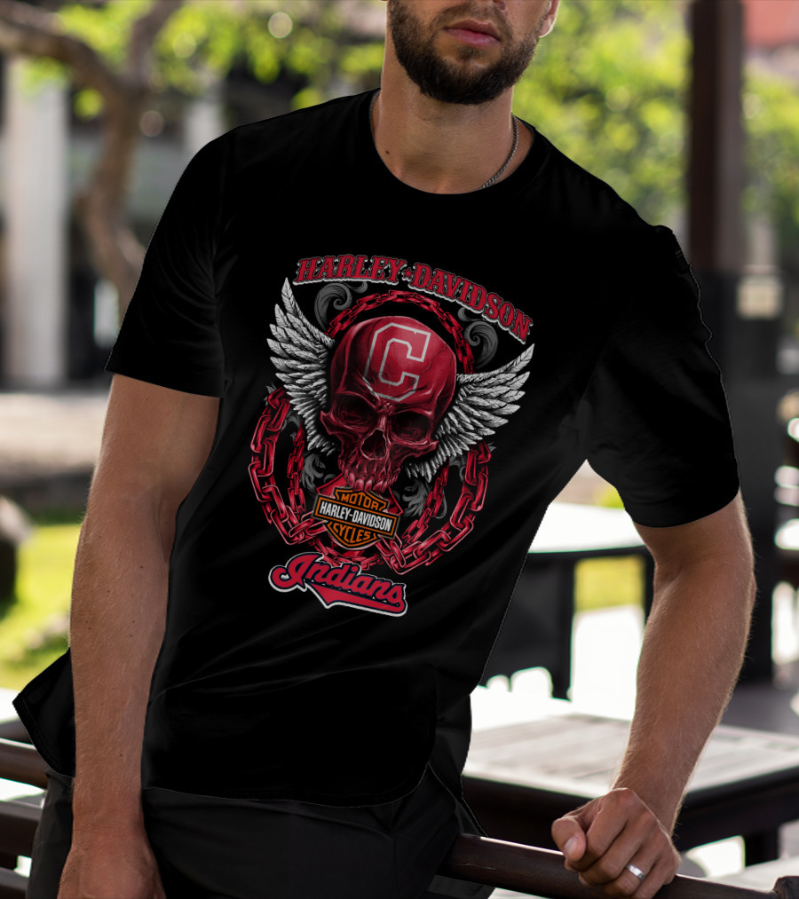 Harley Davidson Cleveland Indians Motorcycles Skull And Wings T-Shirt