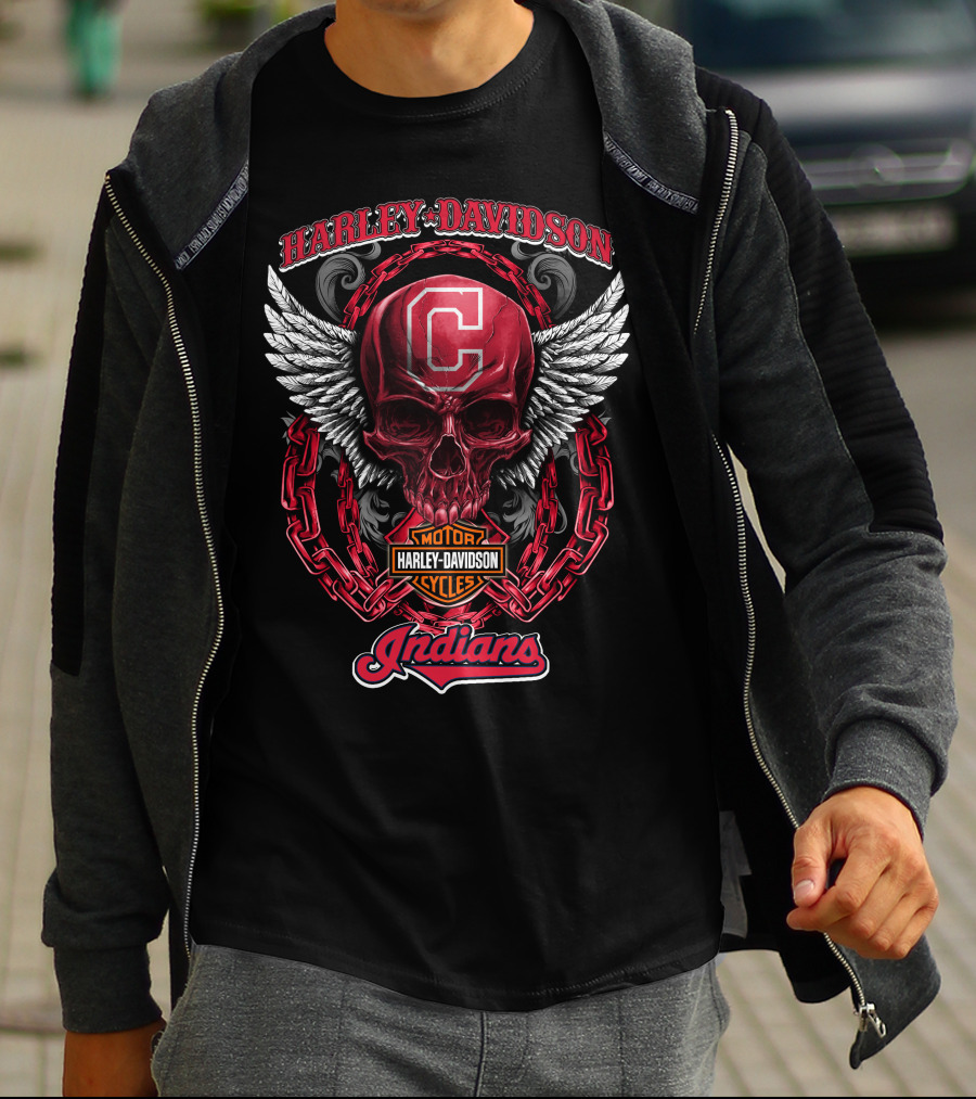 Harley Davidson Cleveland Indians Motorcycles Skull And Wings T-Shirt