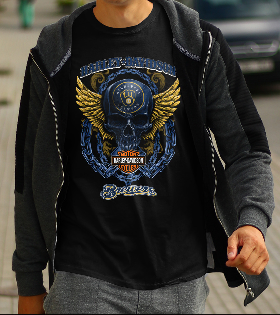 Harley Davidson Milwaukee Brewers Motor Cycles Winged Skull T-Shirt