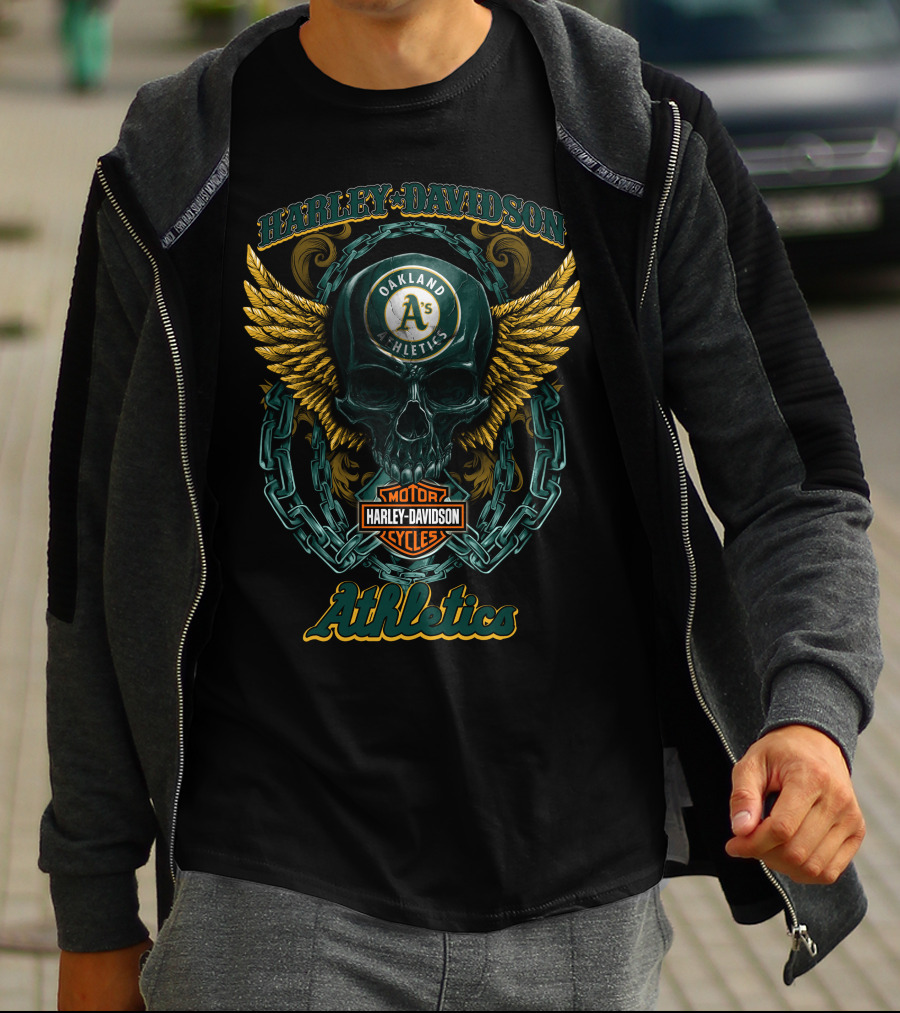 Harley Davidson Motorcycles Oakland Athletics Skull With Chains And Wings T-Shirt