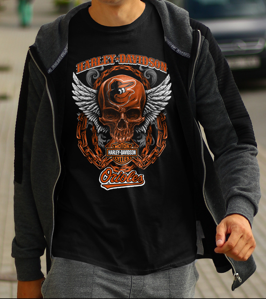 Harley Davidson Wings Skull With Baltimore Orioles Logo And Chain Elements T-Shirt