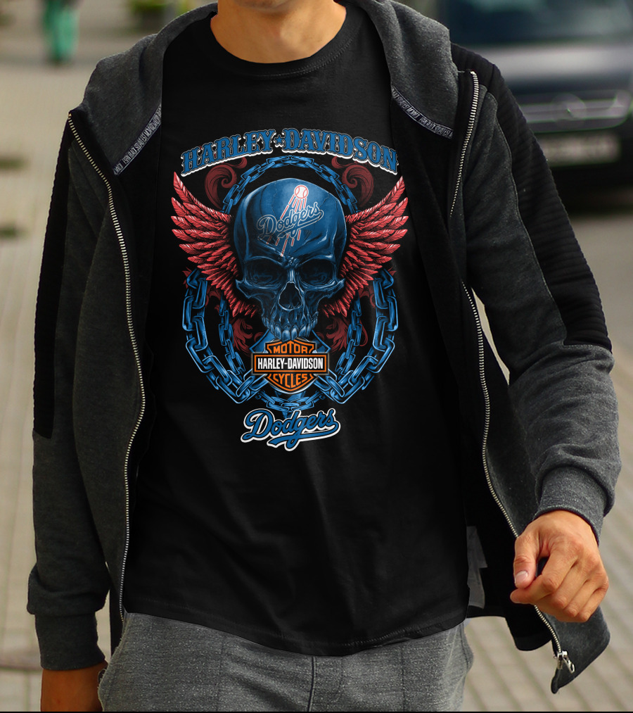 Harley Davidson Los Angeles Dodgers Motor Cycles Skull With Wings T-Shirt
