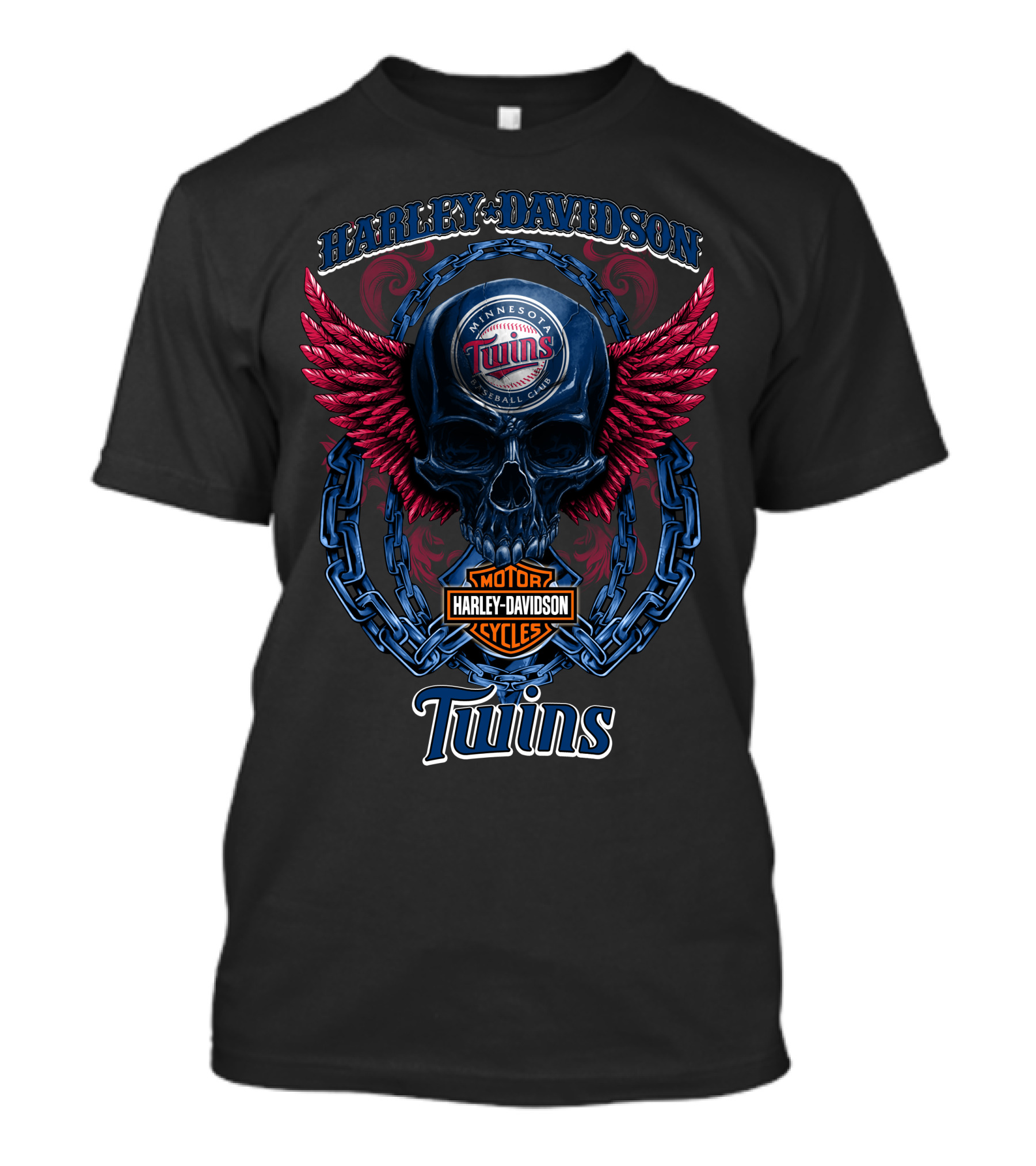 Harley Davidson Minnesota Twins Baseball Club Motorcycle Cycles Skull Wings T-Shirt