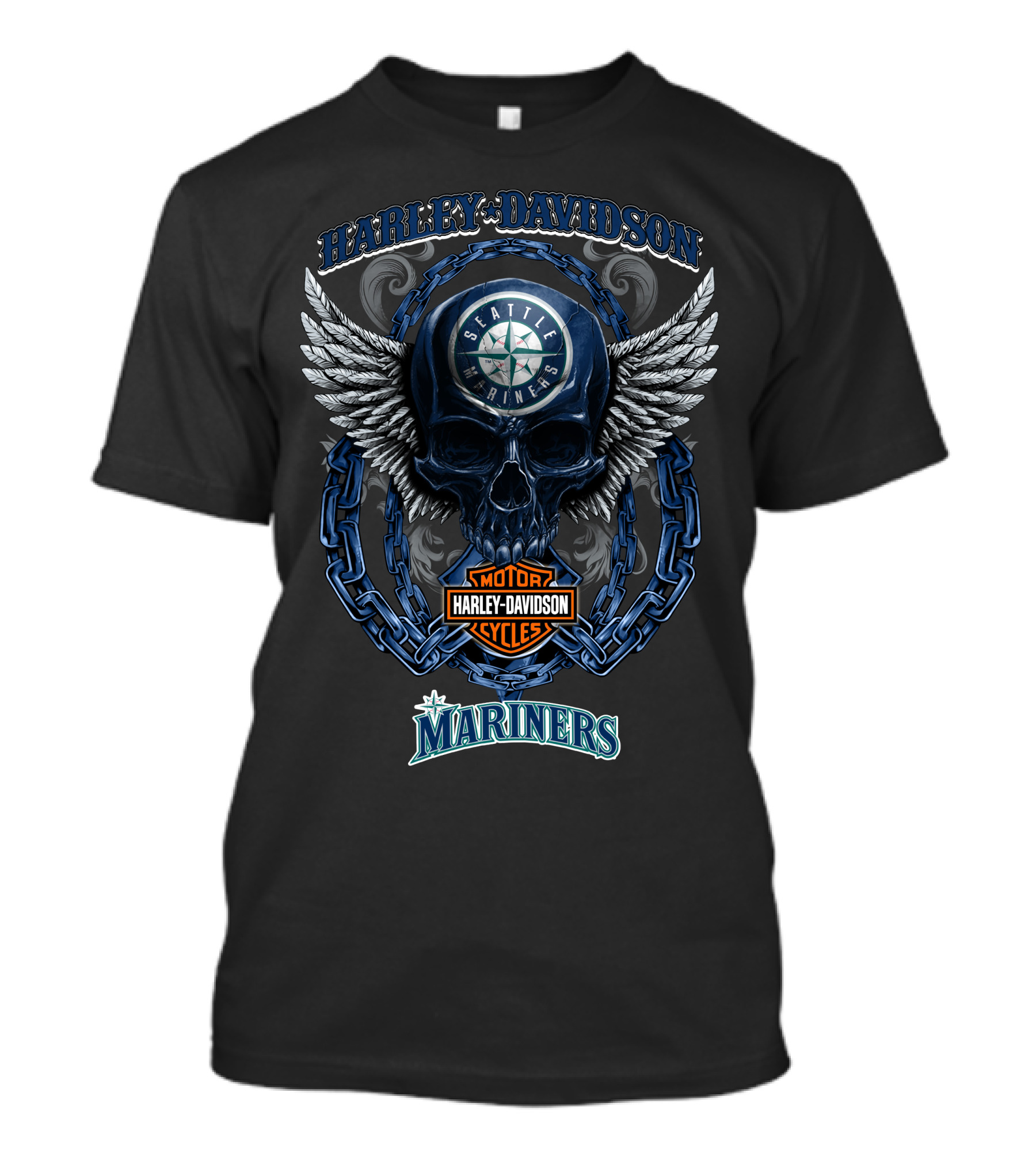 Harley Davidson Seattle Mariners Skull Winged Emblem With Motorcycles T-Shirt