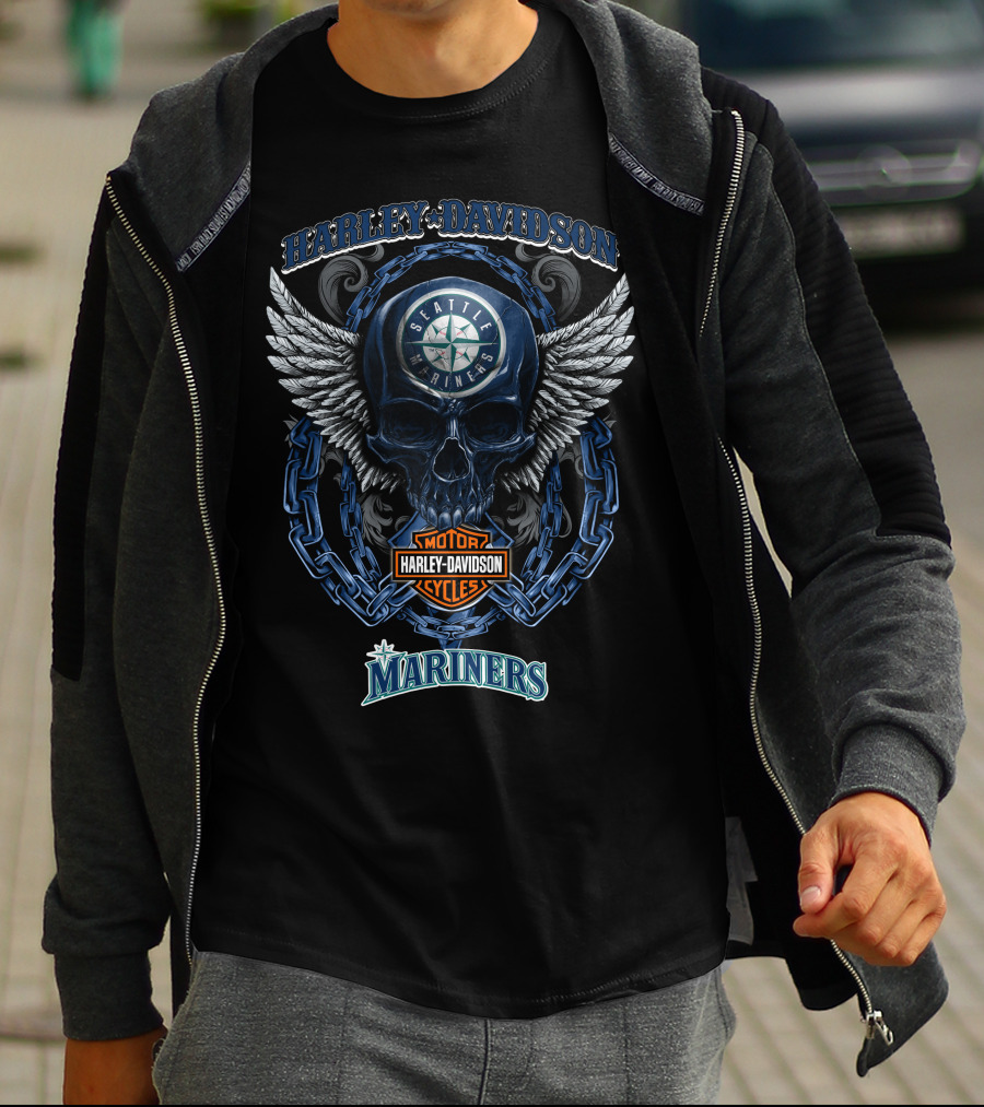 Harley Davidson Seattle Mariners Skull Winged Emblem With Motorcycles T-Shirt