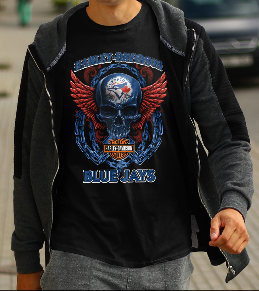Harley Davidson Toronto Blue Jays Motor Cycles Skull Wings T-Shirt