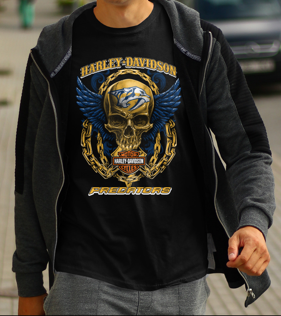 Harley Davidson Motor Cycles Nashville Predators Skull And Chains T-Shirt