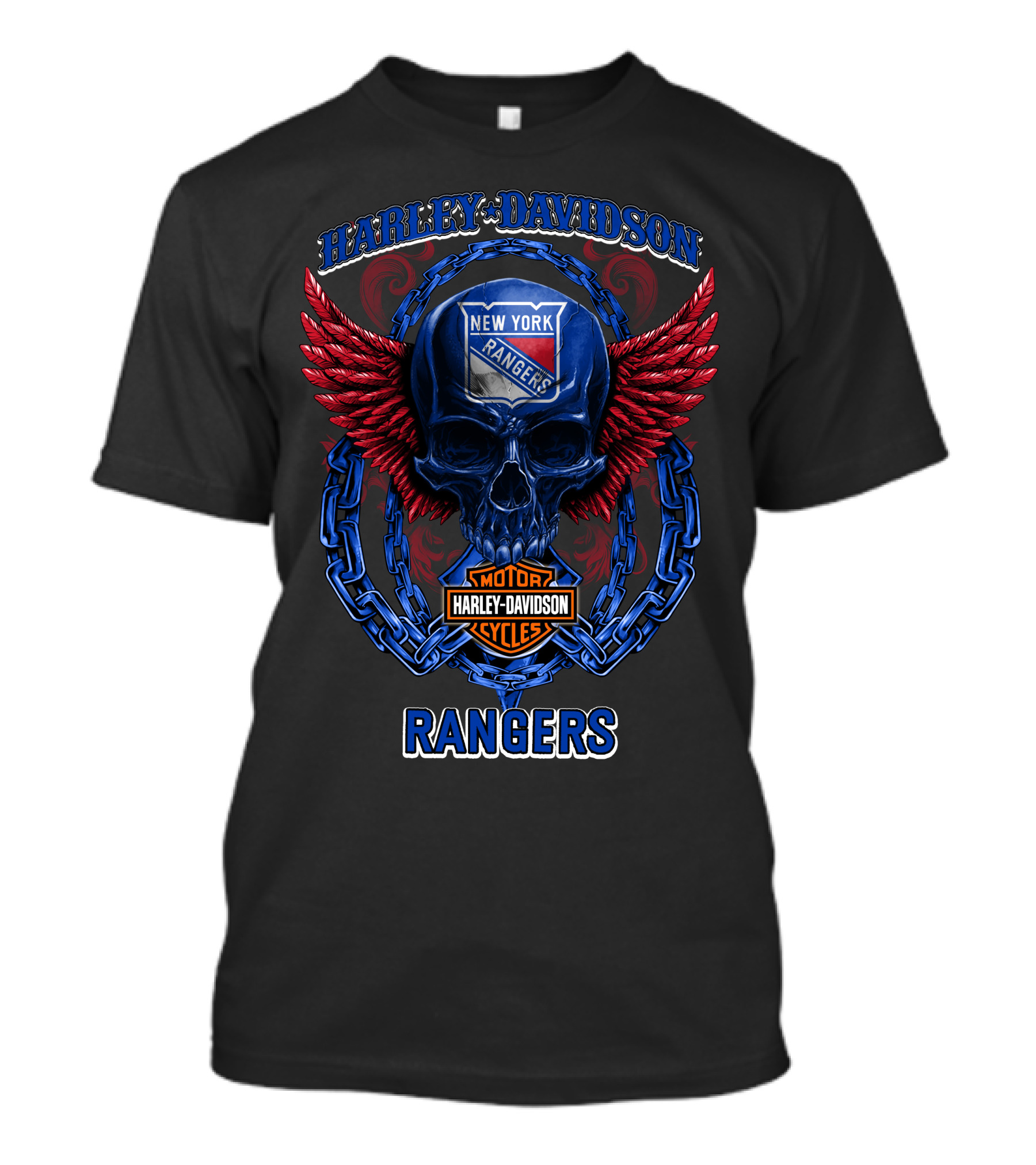 Harley Davidson New York Rangers Skull With Wings And Chain T-Shirt
