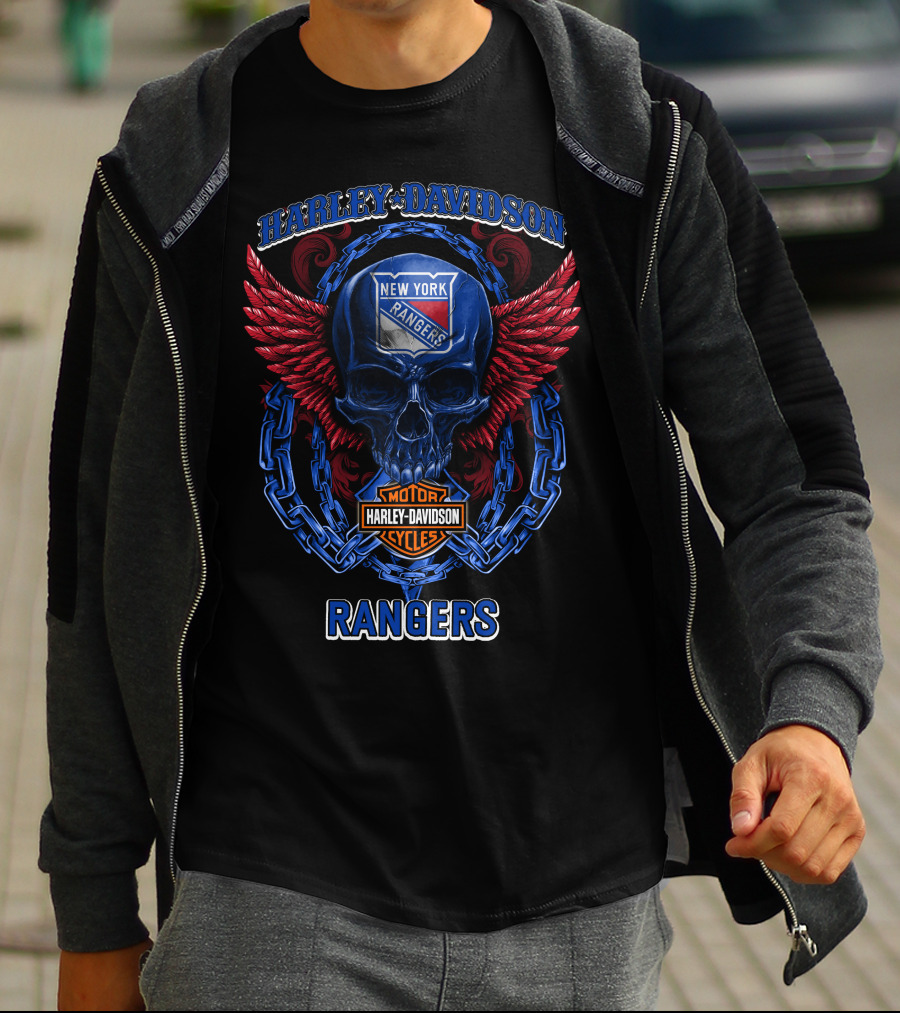 Harley Davidson New York Rangers Skull With Wings And Chain T-Shirt