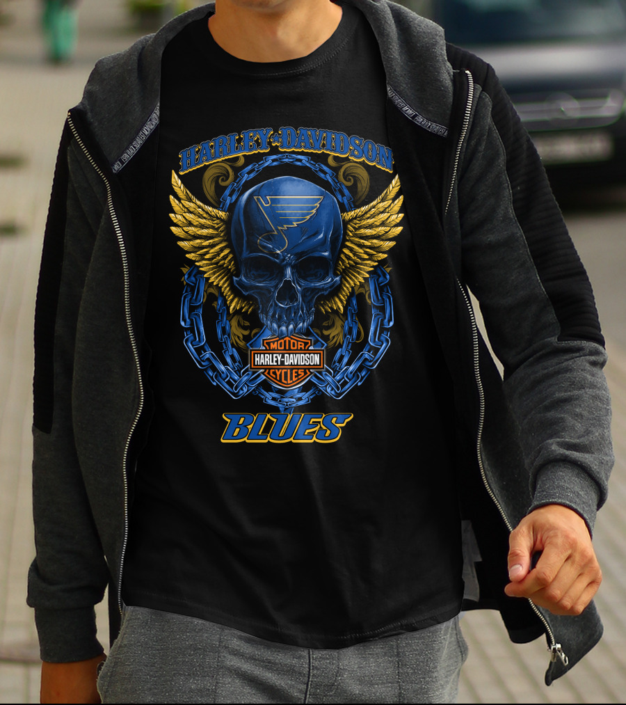 Harley Davidson St Louis Blues Skull With Wings And Chain T-Shirt