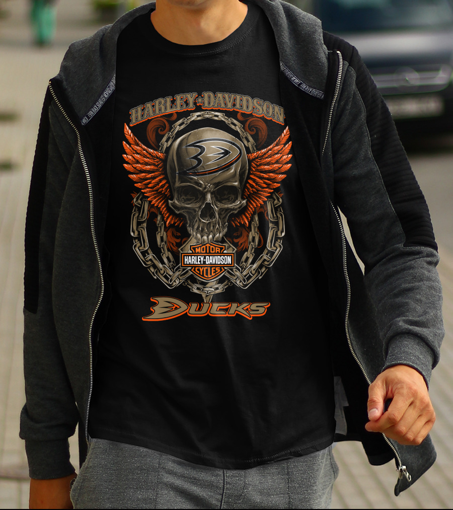 Harley Davidson Anaheim Ducks Nhl Skull Chains Wings T-Shirt
