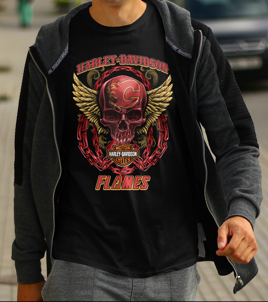 Harley Davidson Calgary Flames Skull Wings Chains T-Shirt