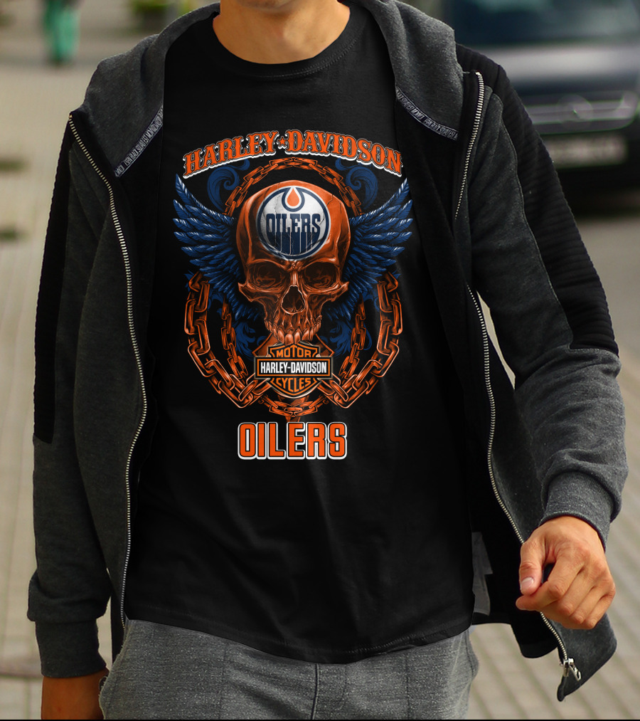 Harley Davidson Nhl Edmonton Oilers Skull And Wings T-Shirt