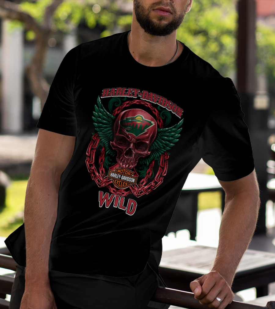 Harley Davidson Motorcycles Nhl Minnesota Wild Skull Wings Chain T-Shirt