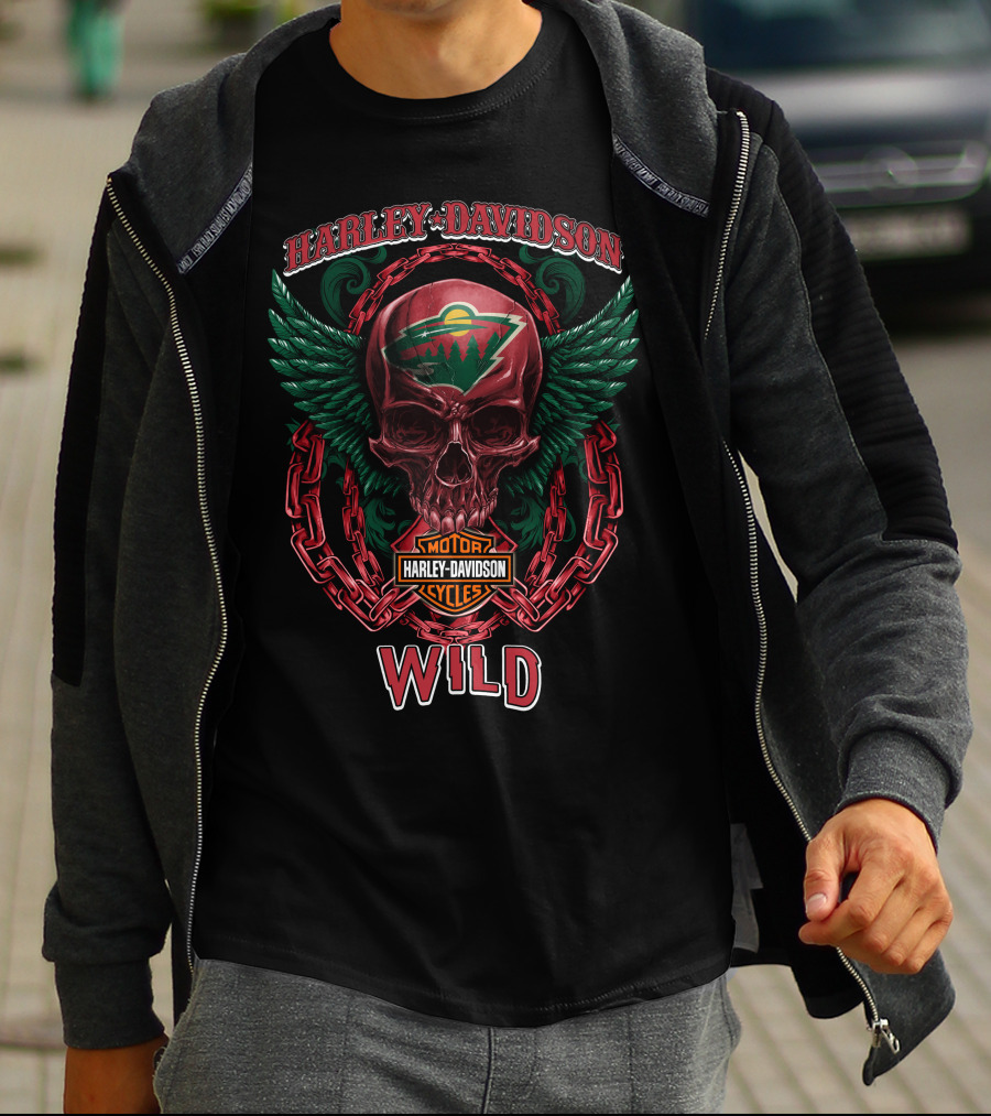 Harley Davidson Motorcycles Nhl Minnesota Wild Skull Wings Chain T-Shirt