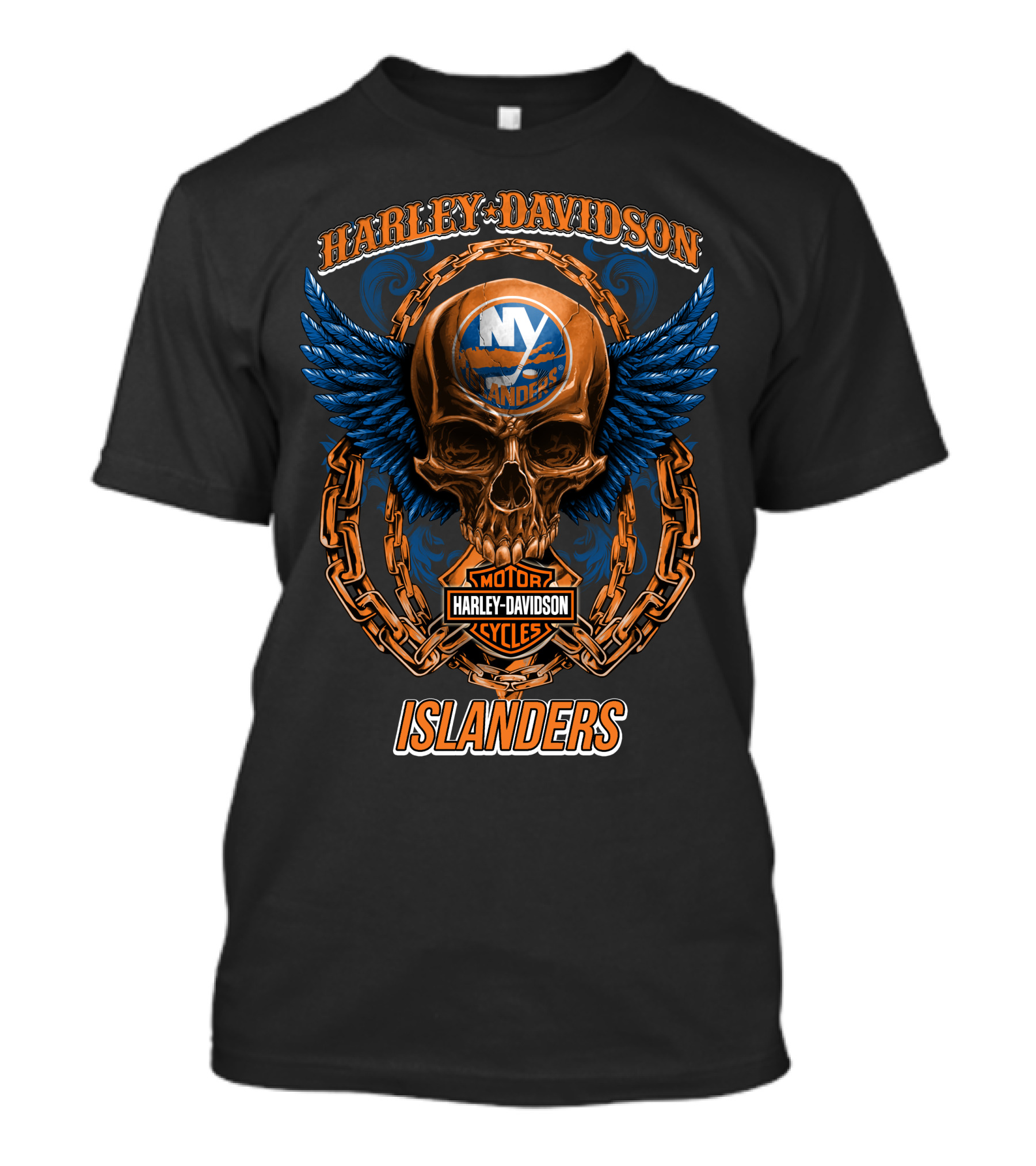 Harley Davidson Motor Cycles Islanders Skull Wings Chain Nhl New York Islanders T-Shirt