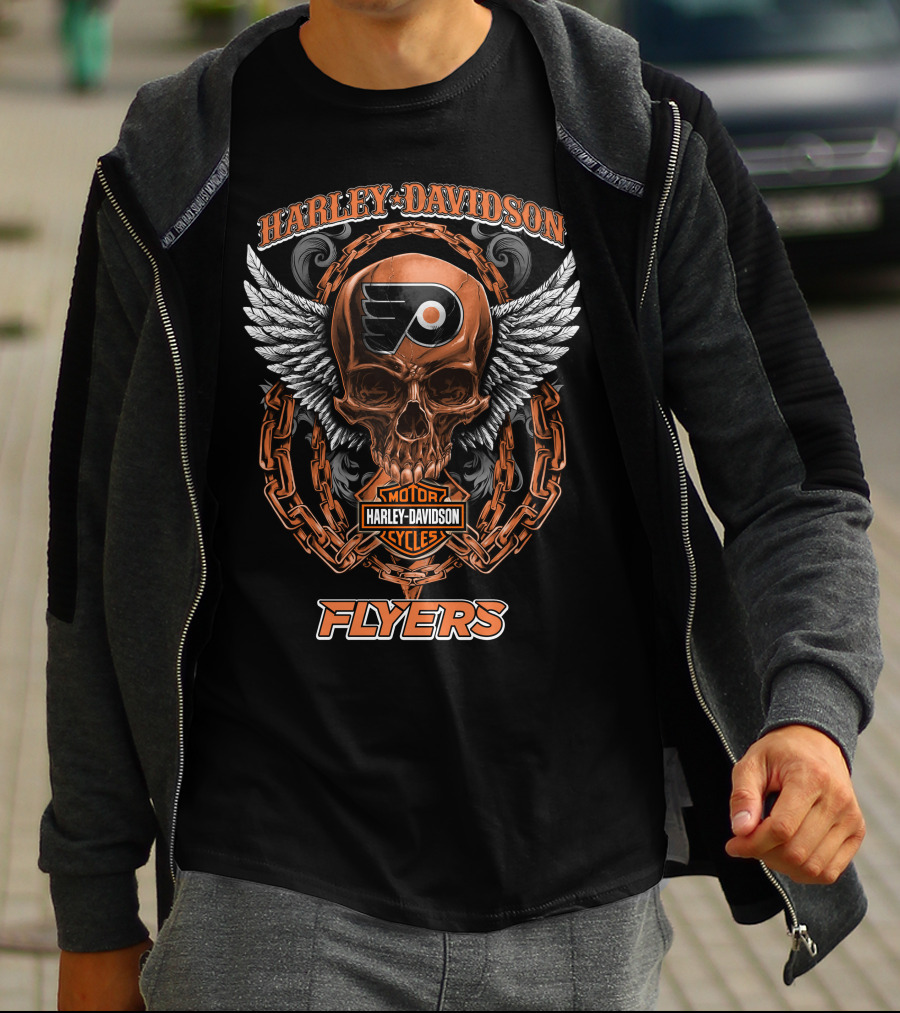 Harley Davidson Flyers Nhl Philadelphia Skull Wings Chain T-Shirt