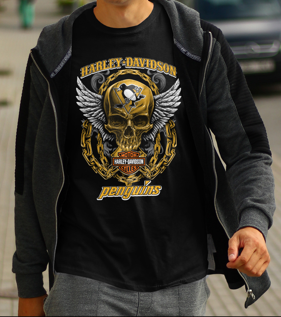 Harley Davidson Pittsburgh Penguins Nhl Skull Wings Chain T-Shirt