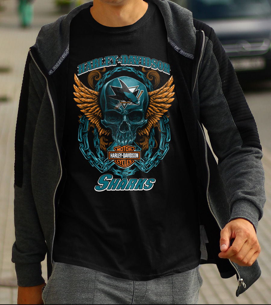 Harley Davidson San Jose Sharks Nhl Motorcycles Skull And Wings T-Shirt