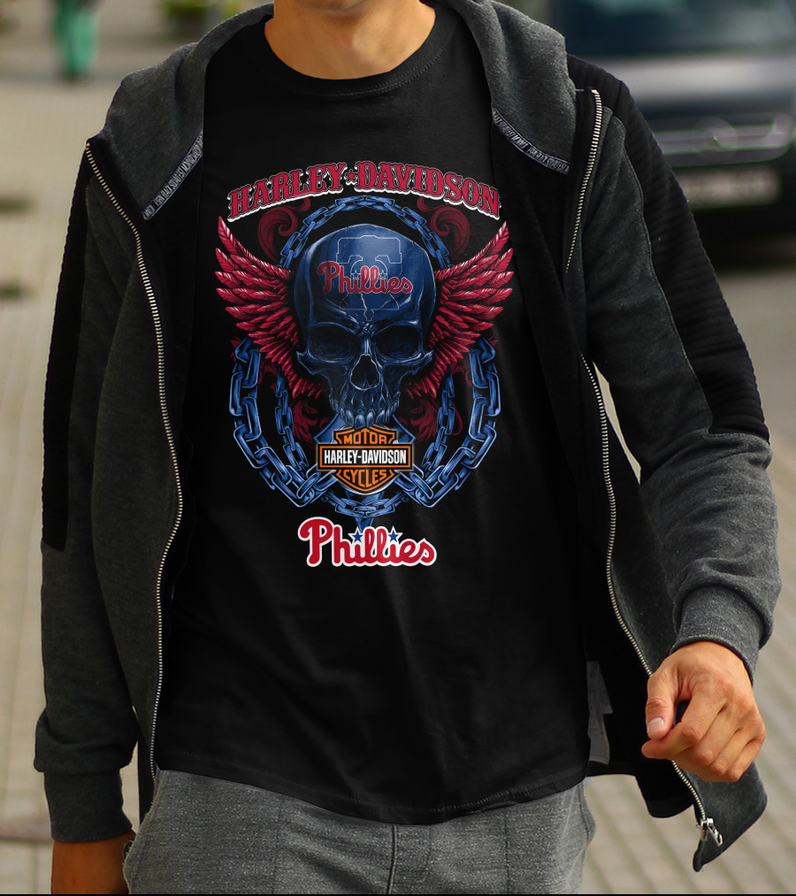 Harley Davidson Phillies Skull Wings Motor Cycles T-Shirt