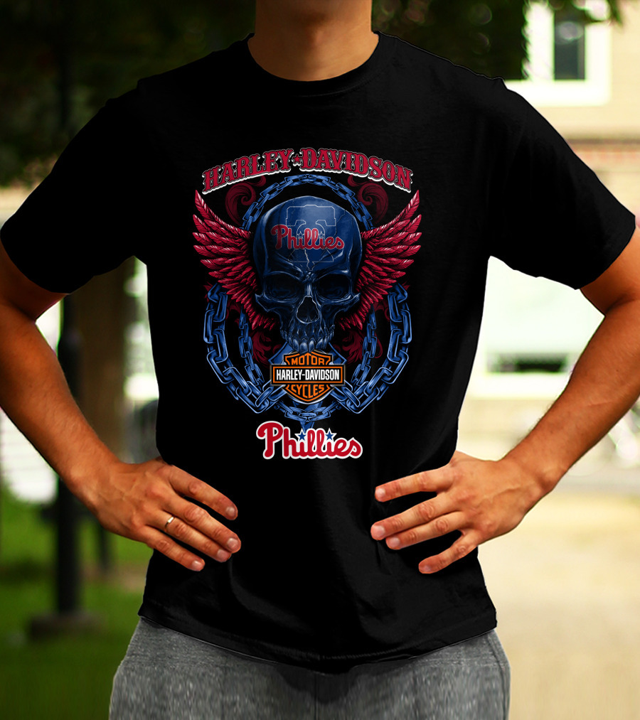 Harley Davidson Phillies Skull Wings Motor Cycles T-Shirt
