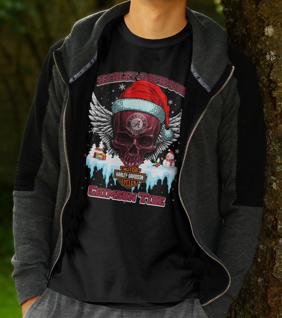 Harley Davidson Alabama Crimson Tide Christmas Skull Wings T-Shirt