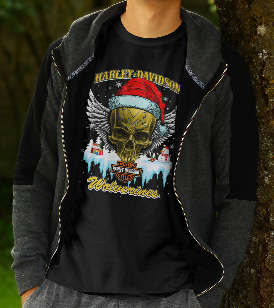 Harley Davidson Michigan Wolverines Skull Santa Hat Snowflake T-Shirt