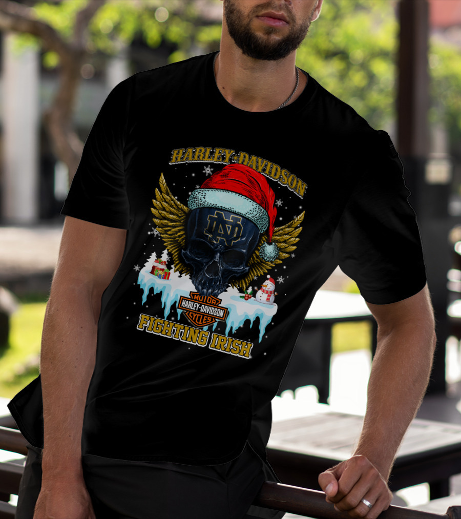 Harley Davidson Notre Dame Fighting Irish Santa Skull T-Shirt