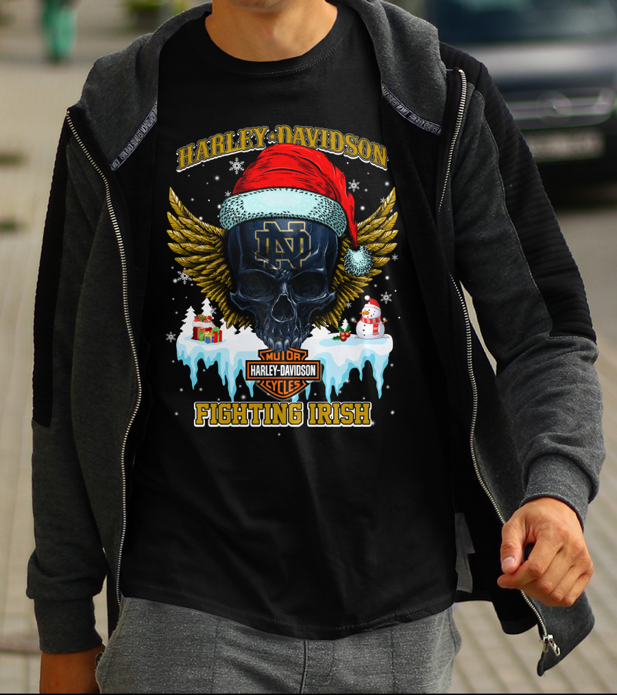 Harley Davidson Notre Dame Fighting Irish Santa Skull T-Shirt